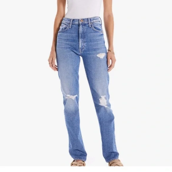 MOTHER Distressed Blue Straight Leg Jeans - Picture 1 of 8